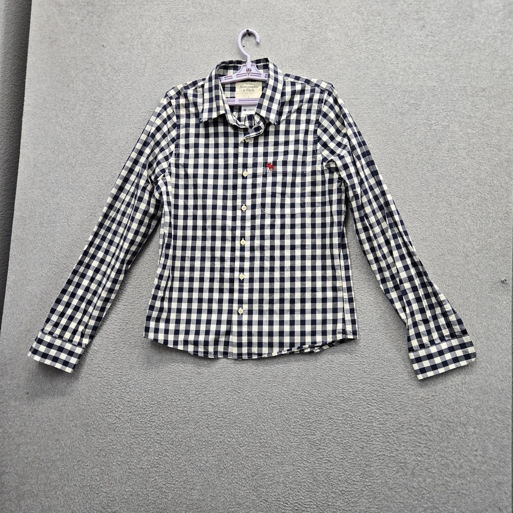 Abercrombie & Fitch Men Button Up Shirt L Navy Embroidered Plaid Muscle Moose